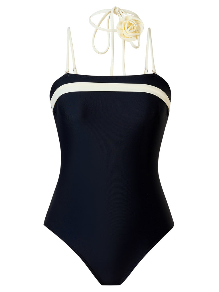 Black 1940s Contrast 3D Rose Belted Swimsuit