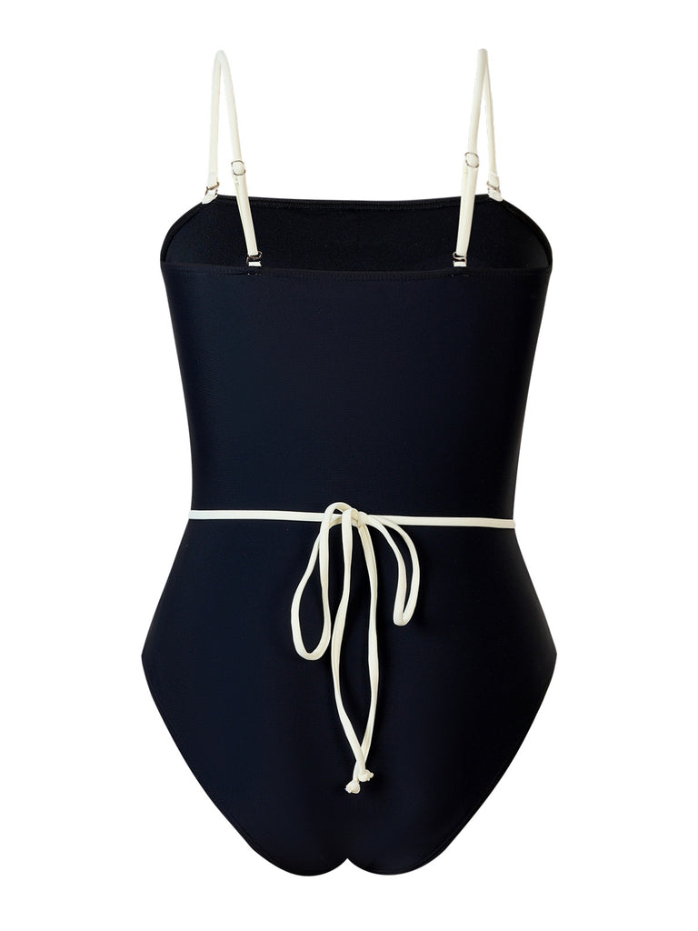 Black 1940s Contrast 3D Rose Belted Swimsuit