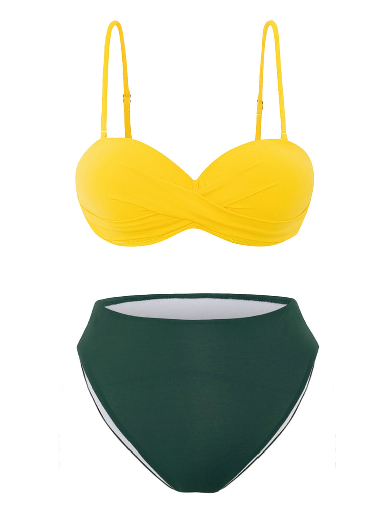 Yellow & Green 1960s Spaghetti Straps Bikini Set