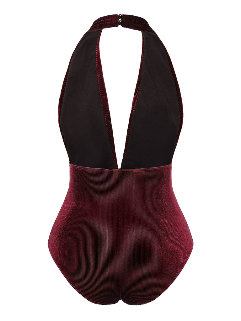 Wine Red 1970s Velvet Deep V-Neck Swimsuit