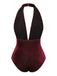 Wine Red 1970s Velvet Deep V-Neck Swimsuit