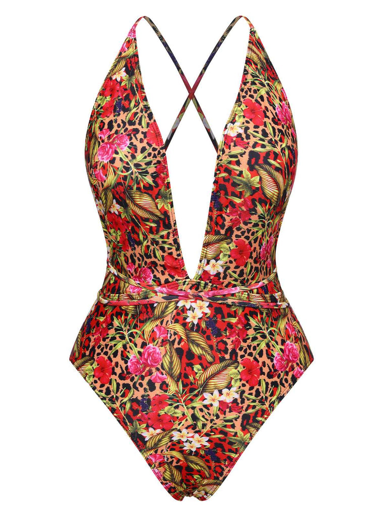 Red 1970s Leopard Flower One-Piece Swimsuit