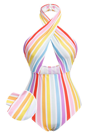 Multicolor 1960s Rainbow Stripe Halter Swimsuit