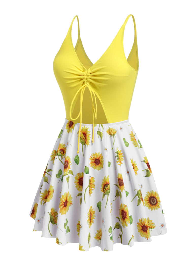 [Pre-Sale] Yellow 1930s Sunflower Drawstring Halter Swimsuit