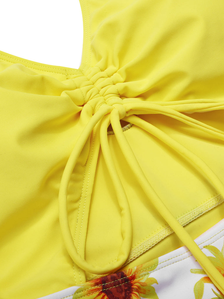 [Pre-Sale] Yellow 1930s Sunflower Drawstring Halter Swimsuit