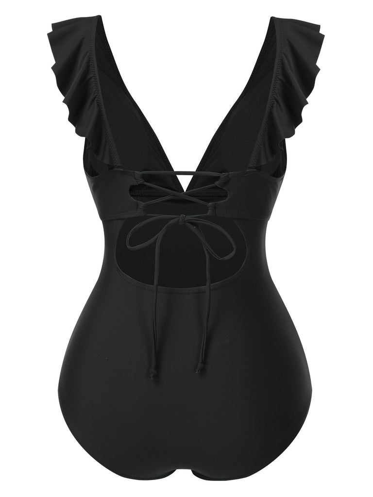 Multicolor 1950s Floral Ring Belted Ruffles Swimsuit