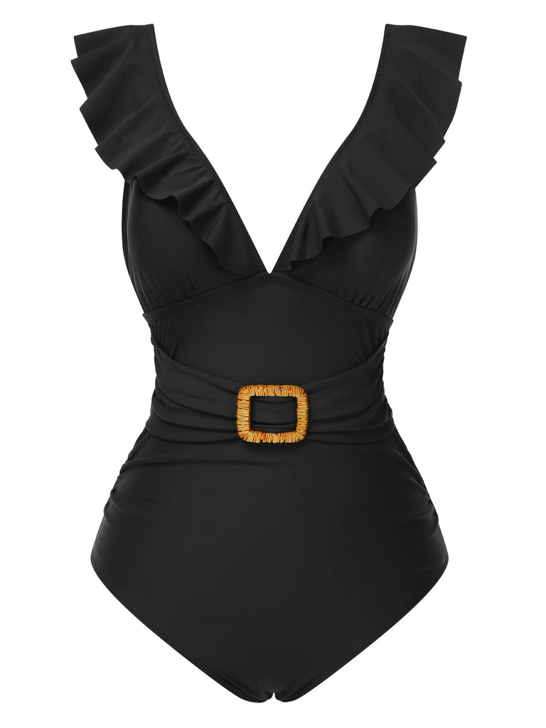Multicolor 1950s Floral Ring Belted Ruffles Swimsuit
