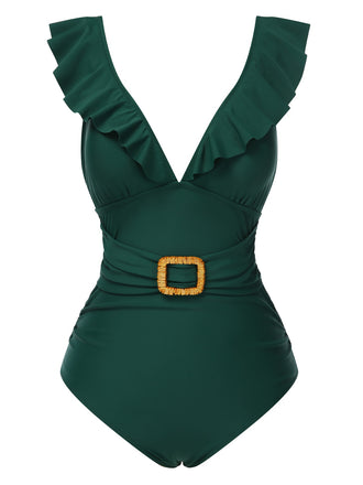 1940s Solid Ruffle Collar Lace-Up Swimsuit