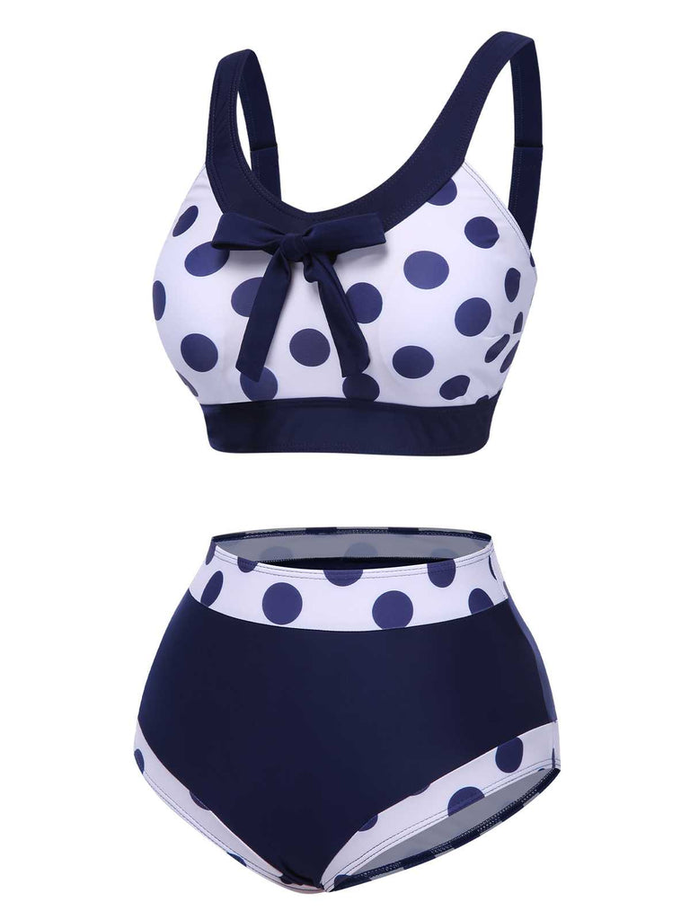 Navy Blue 1950s Polka Dots High-Waist Swimsuit