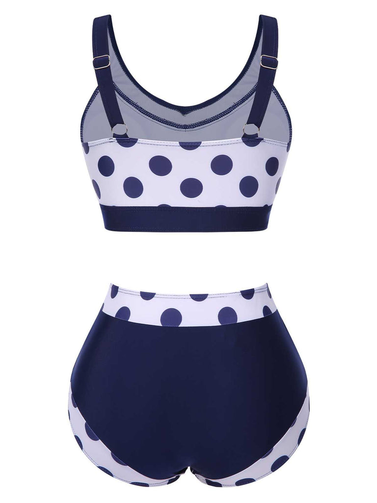 Navy Blue 1950s Polka Dots High-Waist Swimsuit