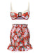 2PCS Red 1960s Floral Wide-Strap Smocked Swimsuit & Skirt