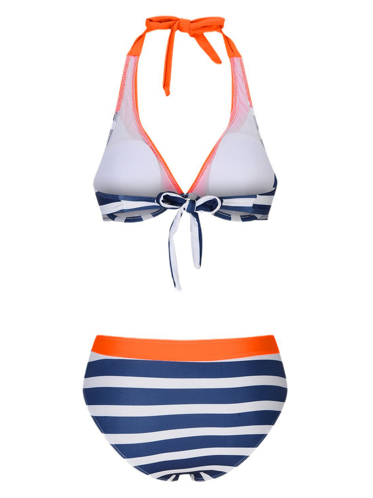 Orange & Blue 1960s Halter Striped Swimsuit