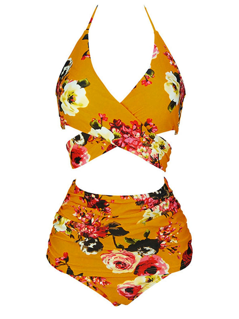 Orange 1930s Floral Cross Bind Halter Swimsuit