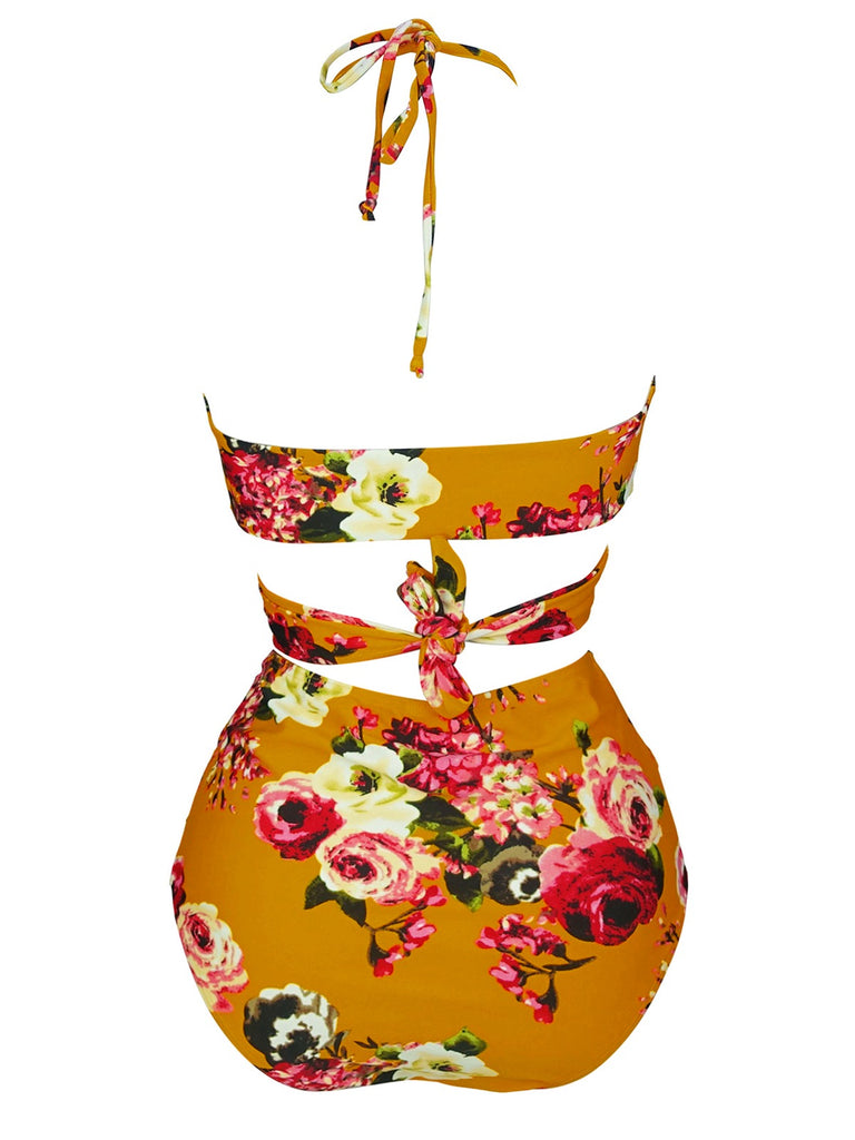 Orange 1930s Floral Cross Bind Halter Swimsuit