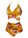 Orange 1930s Floral Cross Bind Halter Swimsuit