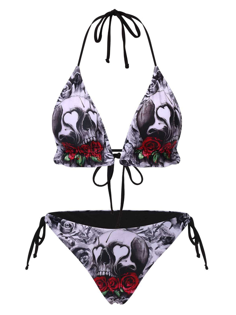 1950s Halter Gothic Skull Roses Swimsuit