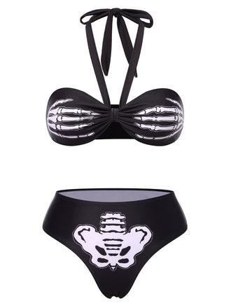 [US Warehouse] Black 1970s Skeleton Hand Halter Bikini Set