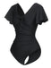 Black 1940s Solid Ruffle Sleeves One-Piece Swimsuit