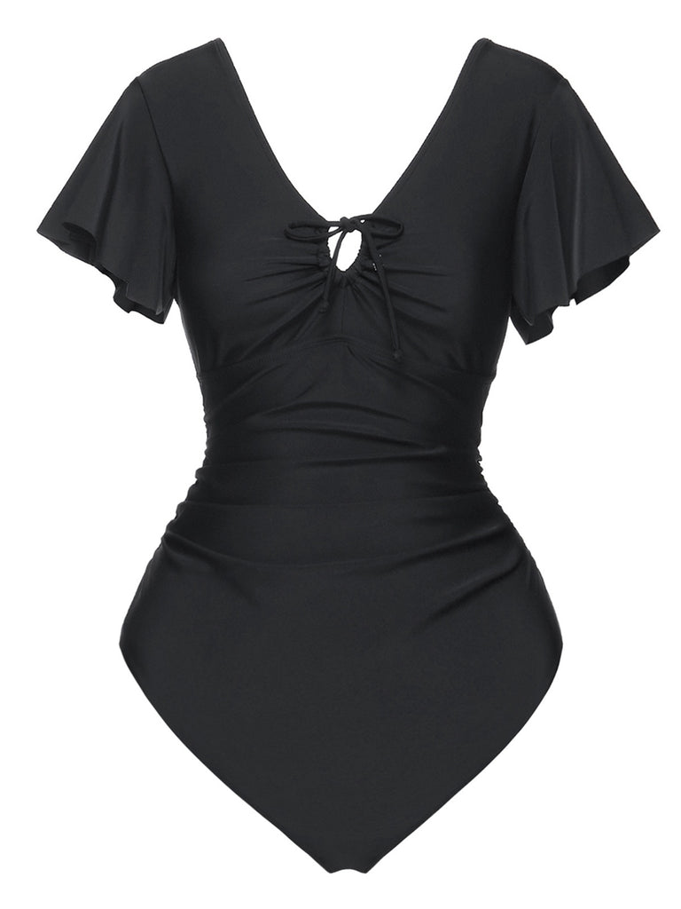 Black 1940s Solid Ruffle Sleeves One-Piece Swimsuit