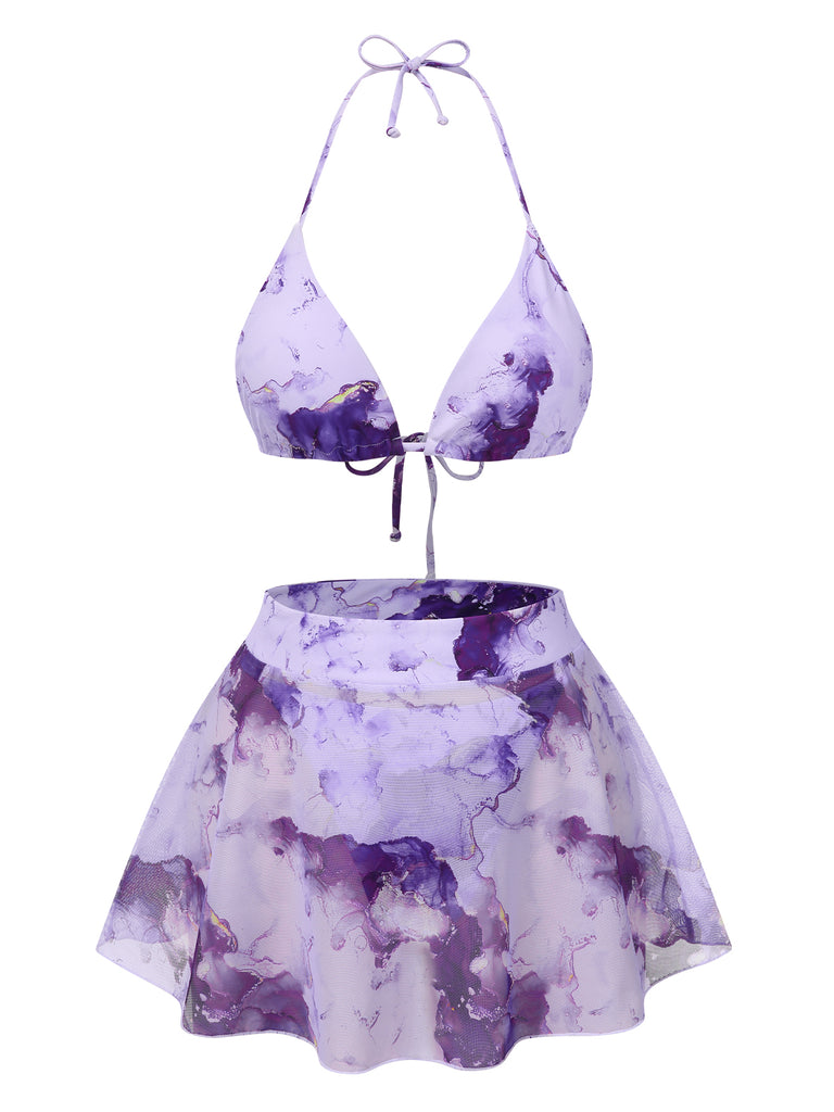 3PCS Purple 1970s Irregular Print Bikini Set