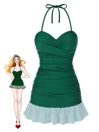 Green 1930s Striped Ruffles Ruched Halter Swimsuit