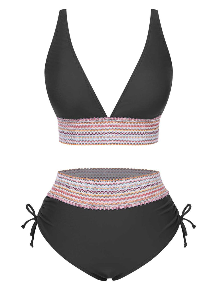 1970s V-Neck Patchwork High-Waist Bikini