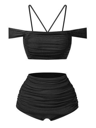 Black 1930s Solid Ruched Off-Shoulder Halter Swimsuit