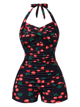 Black 1940s Cherry Halter One-Piece Swimsuit