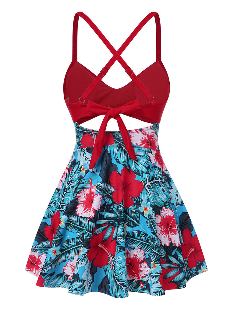Multicolor 1940s Floral Hollow Straps Swim Dress