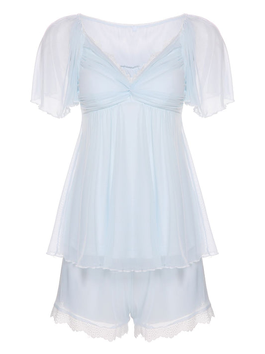 2PCS Light Blue 1940s Knot Lace Sleepwear