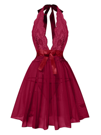 1950s V-Neck Halter Lace Sheer Nightgown