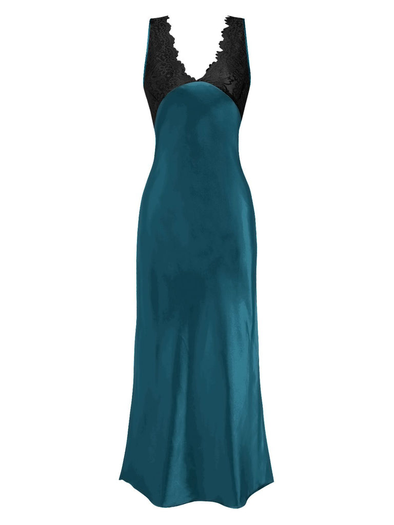 1930s Lace Hollow Satin Patchwork V-Neck Nightgown
