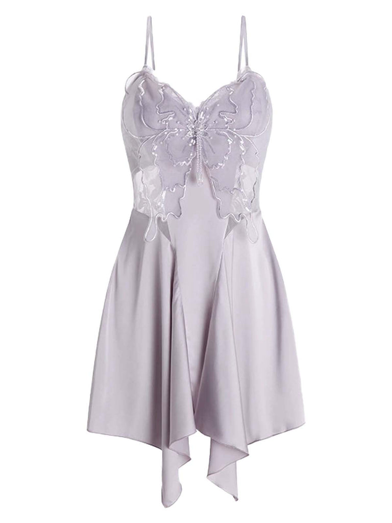 Lavender 1970s Lace Patchwork Stitching Butterfly Nightgown