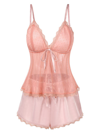 Pink 1950s Dots Lace Trim Satin Pajama Set