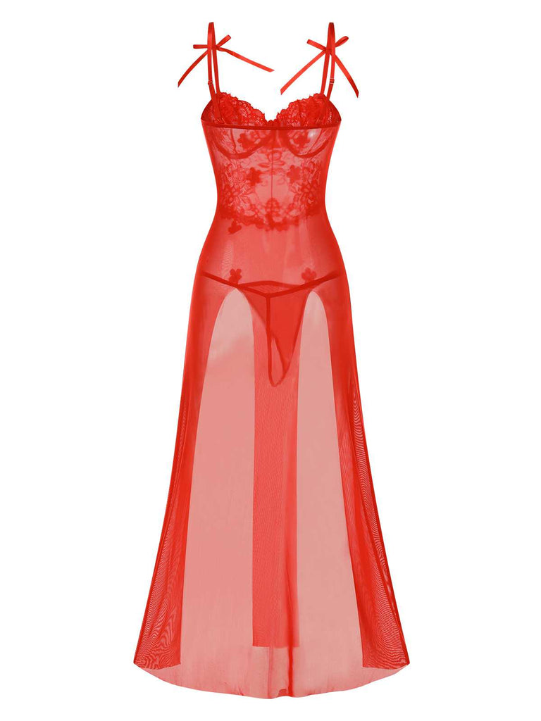 Red 1950s Spaghetti Strap Lace 3D Flower Nightgown