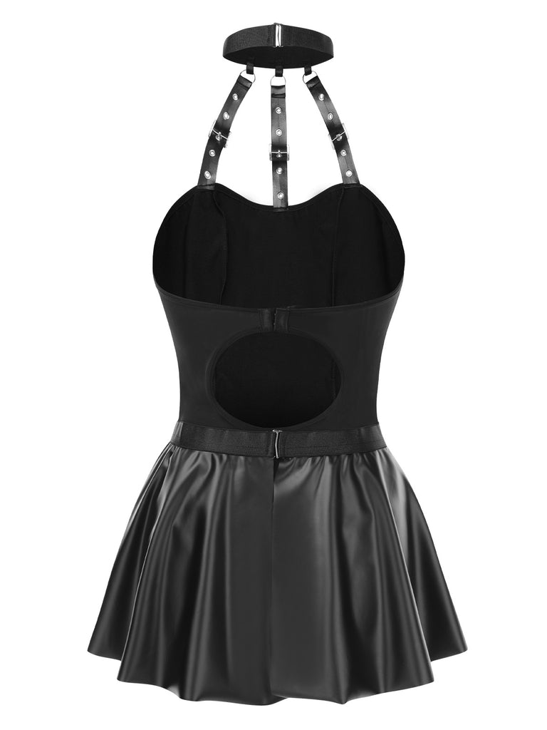 2PCS Black 1980s Gothic PU Leather Halter Top & Skirt