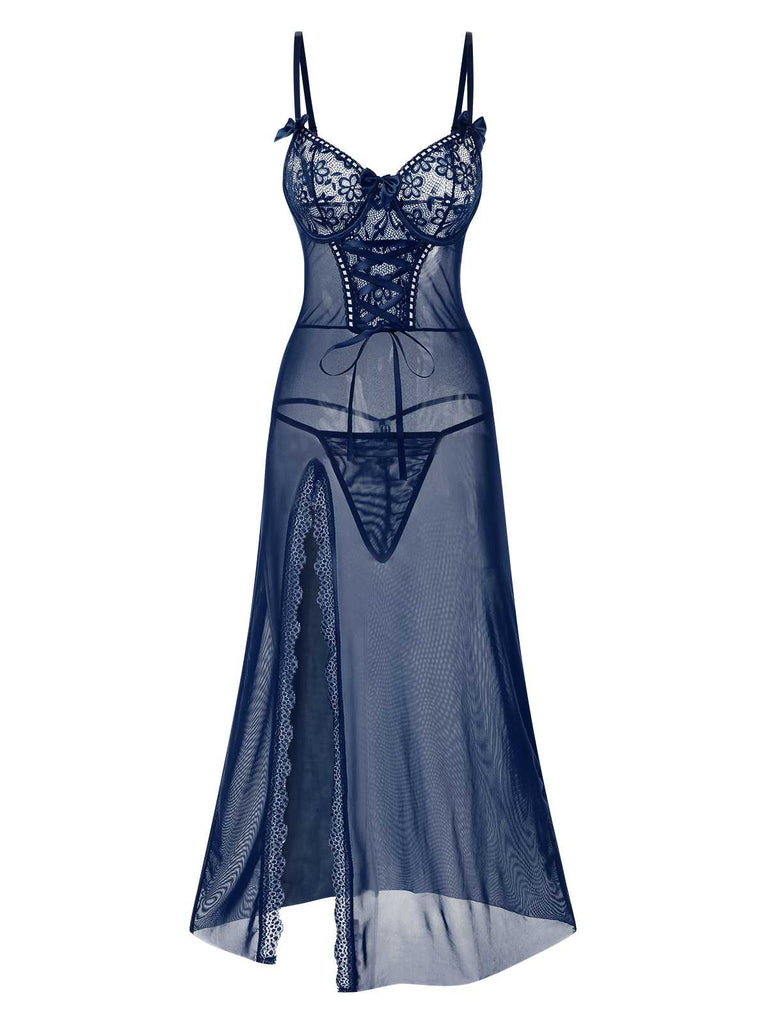 1970s Strap Lace Sheer Slit Sleepwear Nightgown