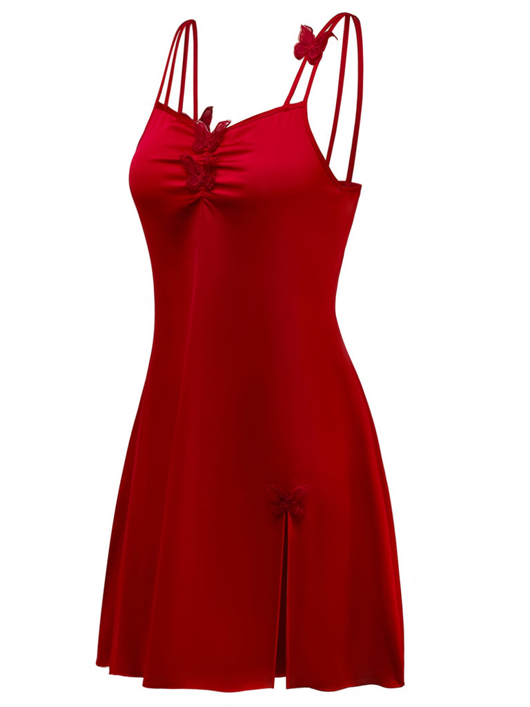[Pre-Sale] Red 1940s Satin 3D-Butterfly Split Slip Nightgown