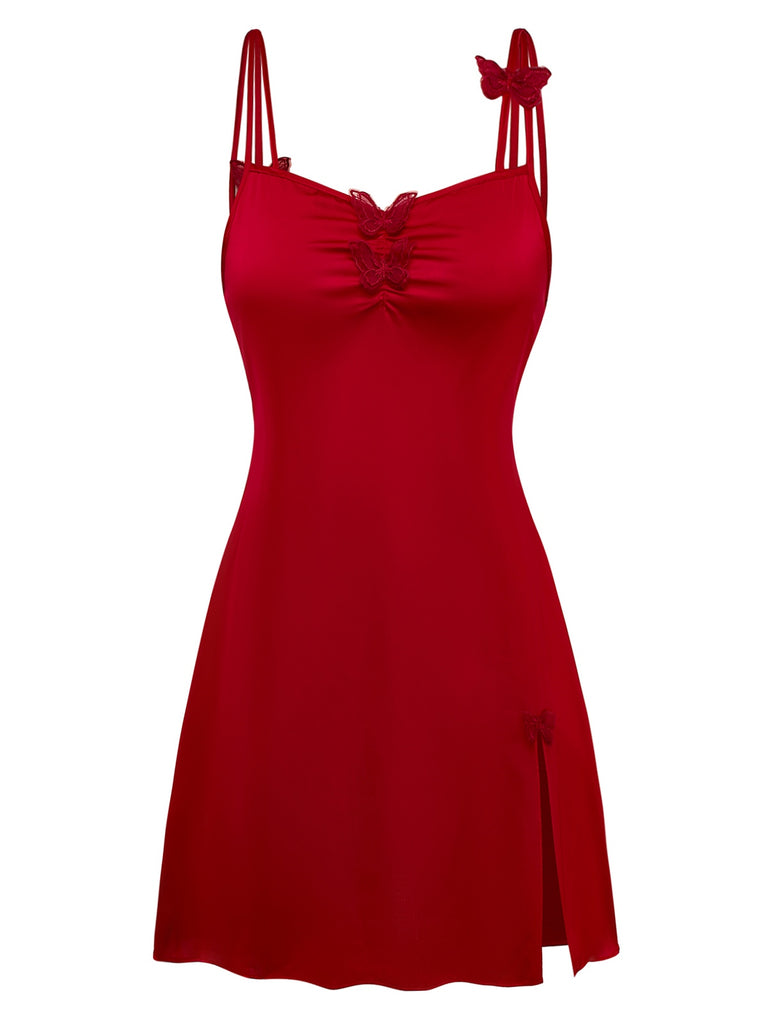 [Pre-Sale] Red 1940s Satin 3D-Butterfly Split Slip Nightgown