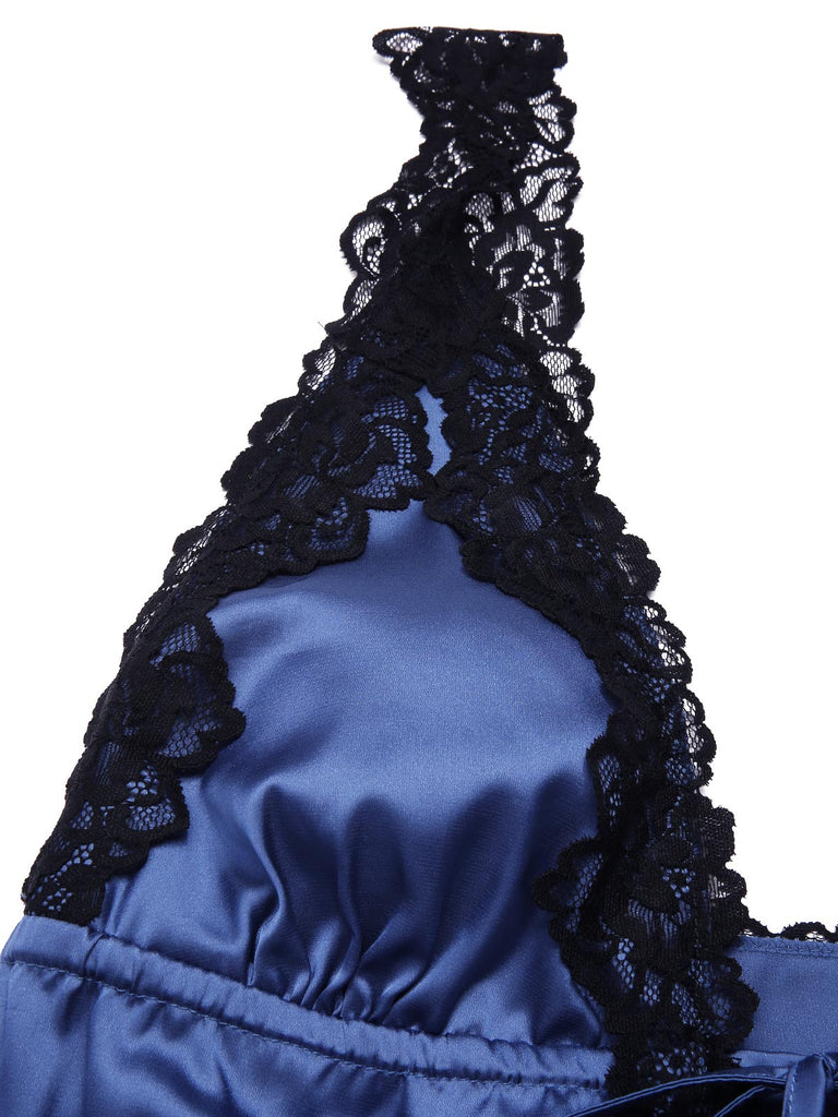 [Pre-Sale] Navy Blue 1930s Satin Lace Deep V-Neck Nightdress