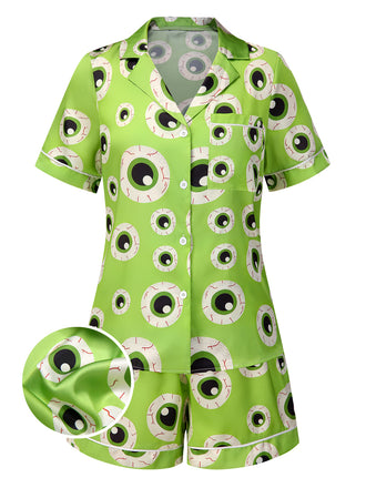 Green 1970s Halloween Eyeball Lapel Pajama Set