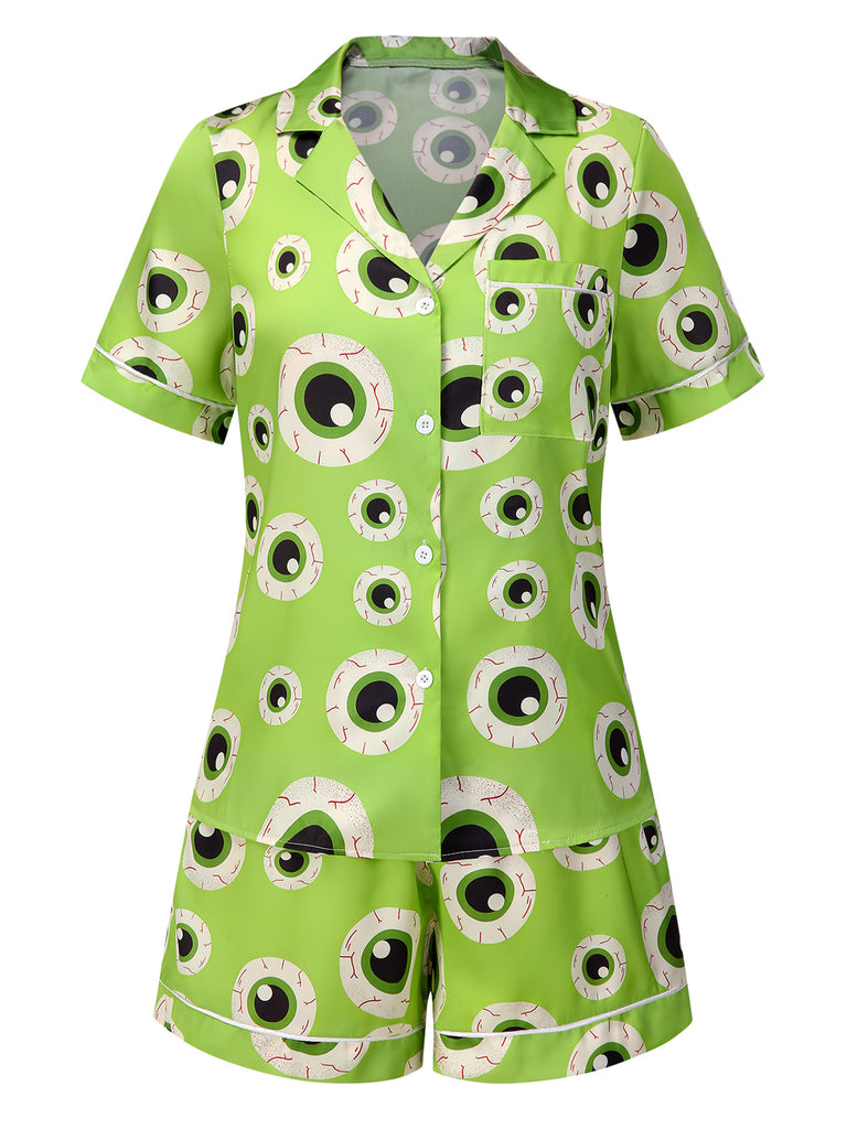 [Pre-Sale] Green 1970s Halloween Eyeball Lapel Pajama Set