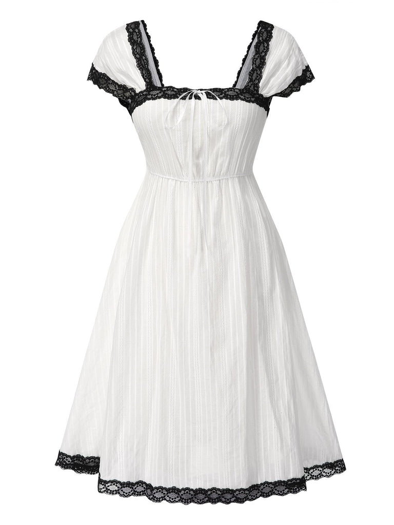 [Pre-Sale] White 1940s Cotton Lace Stripe Cap Sleeve Nightdress