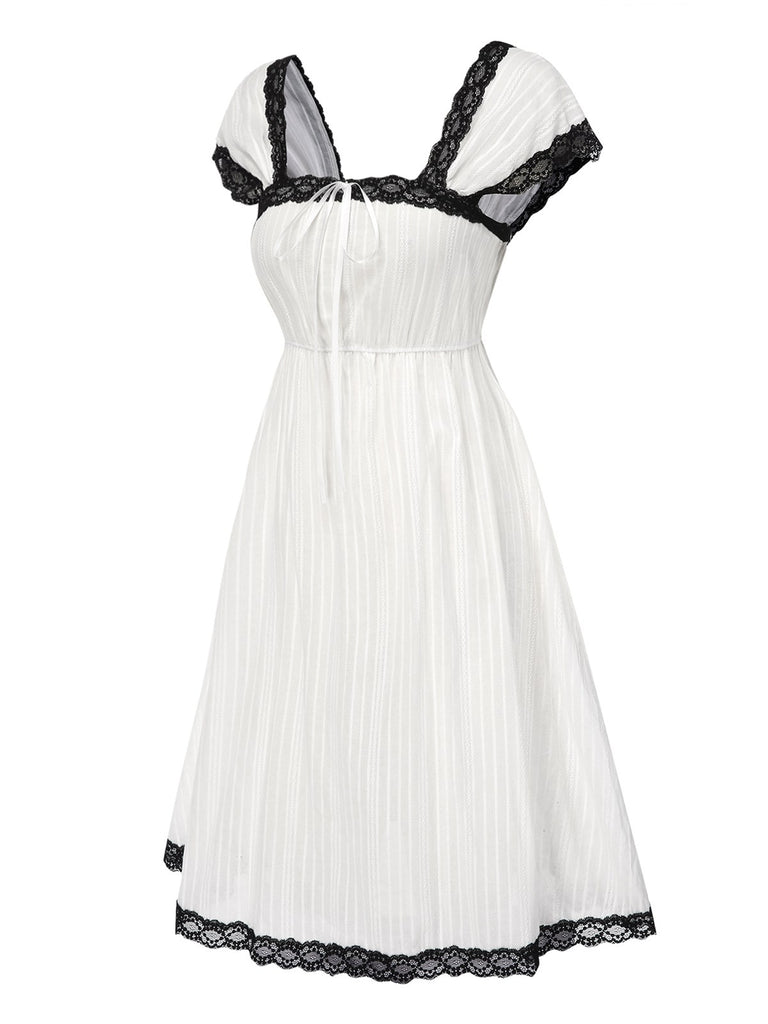 [Pre-Sale] White 1940s Cotton Lace Stripe Cap Sleeve Nightdress