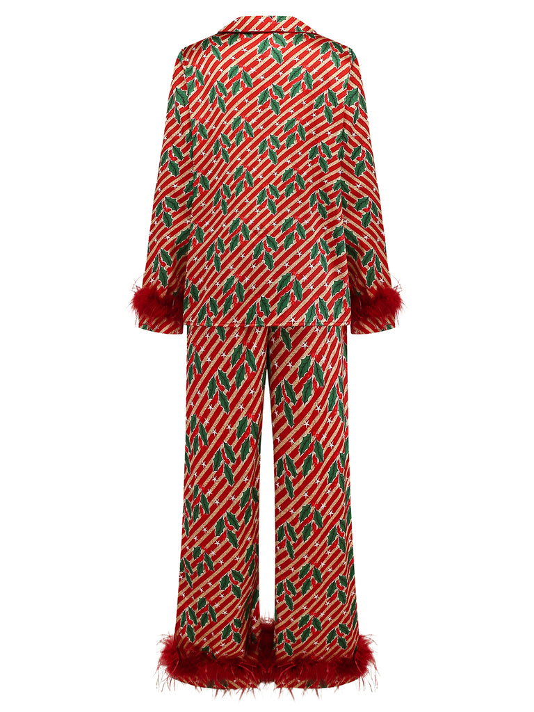 [Pre-Sale] Red 1950s Holly & Candy Cane Stripes Feather Pajama Set