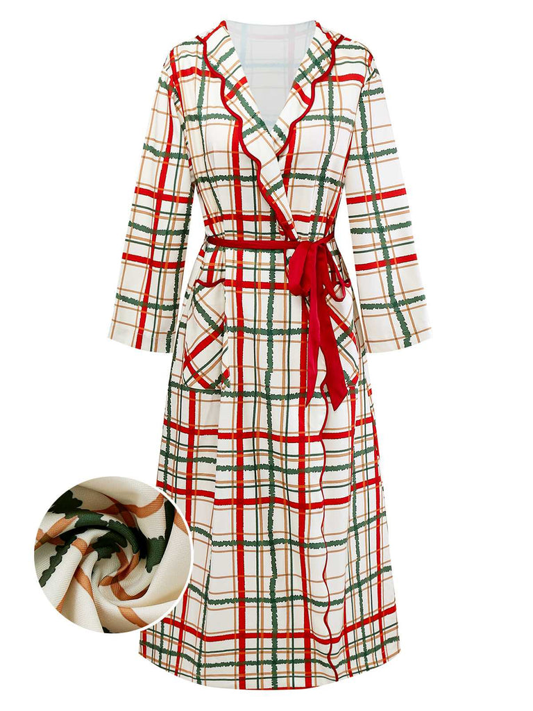[Pre-Sale] Cream Color 1950s Christmas Plaid Petal Collar Lapel Robe