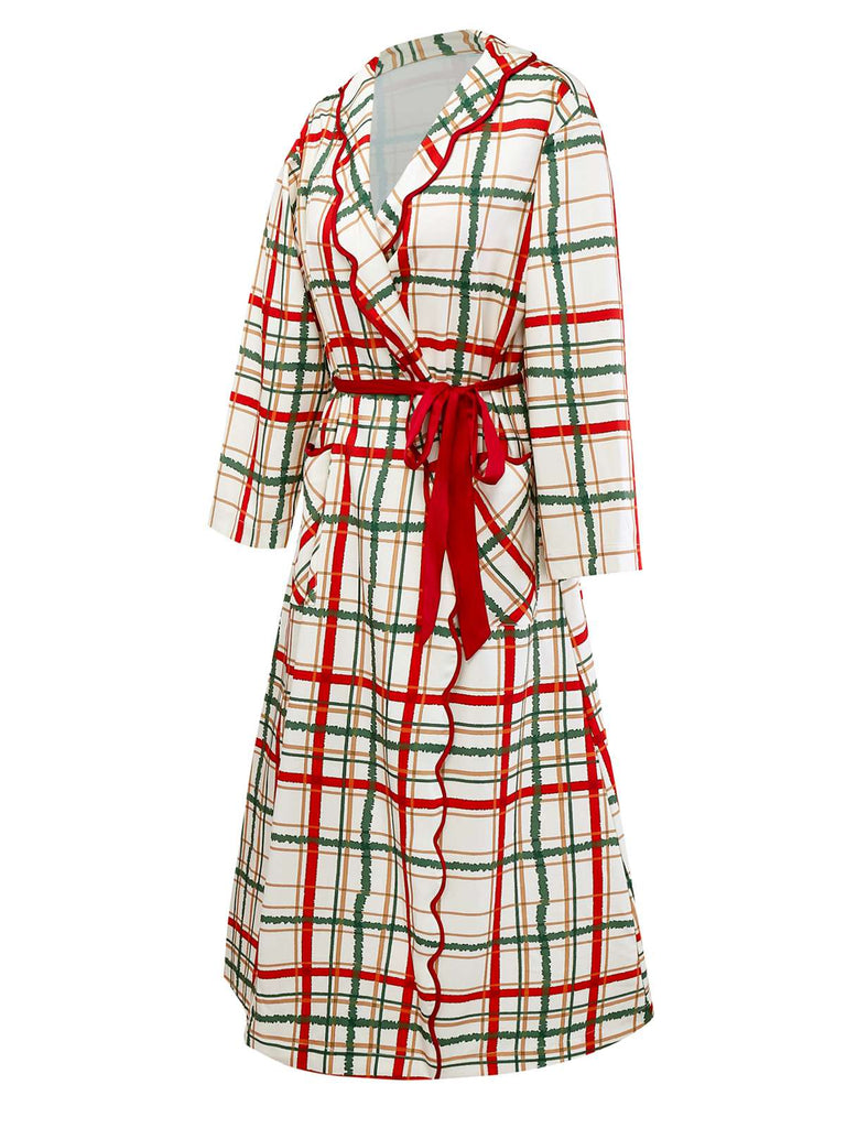 [Pre-Sale] Cream Color 1950s Christmas Plaid Petal Collar Lapel Robe