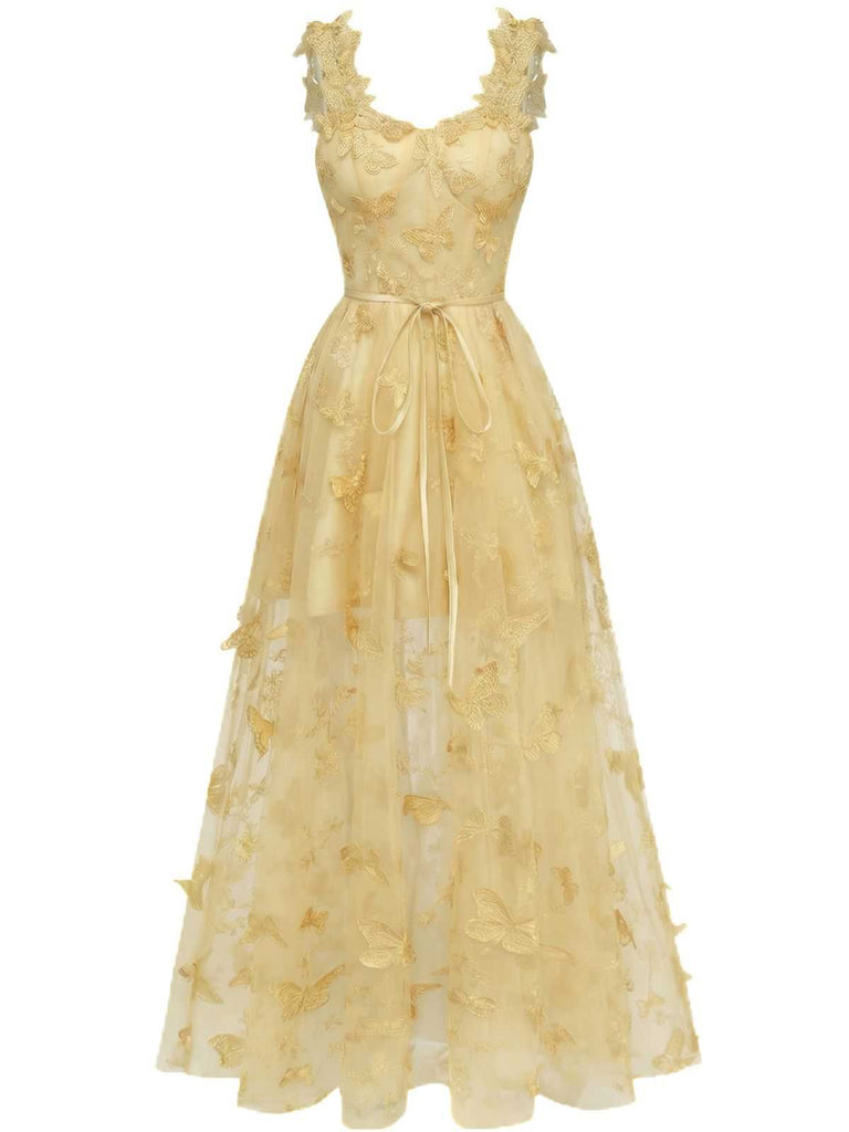 1930s Spaghetti Strap 3D Butterflies Mesh Maxi Dress