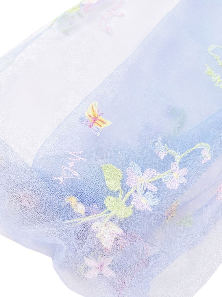 Blue 1930s Floral Embroidered Mesh Long Sleeve Dress