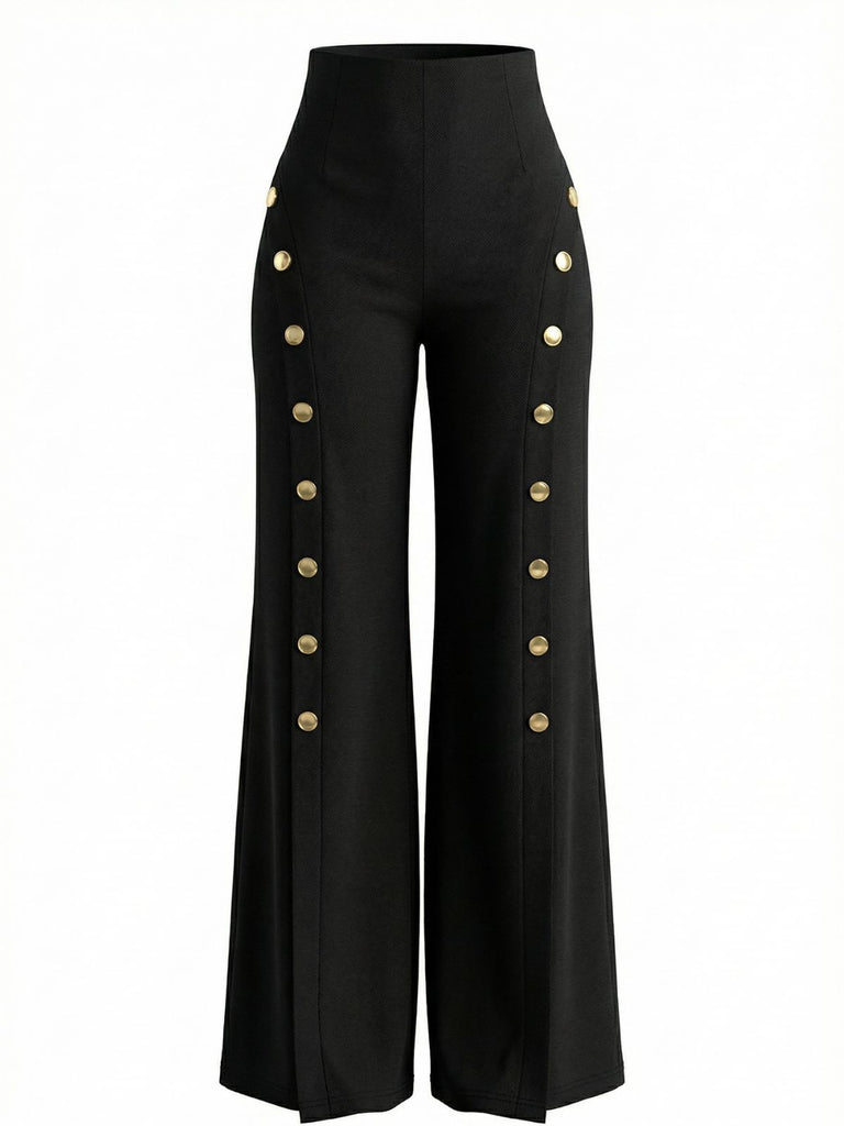 1970s High-Waist Metal Buttons Wide-Leg Pants